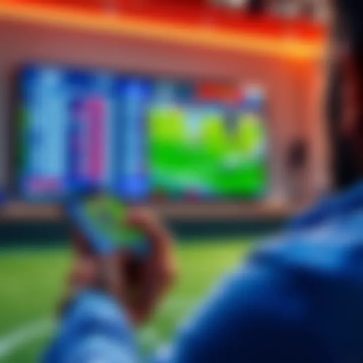 A person analyzing football statistics and odds on a smartphone while a soccer match is displayed on a TV screen in the background.