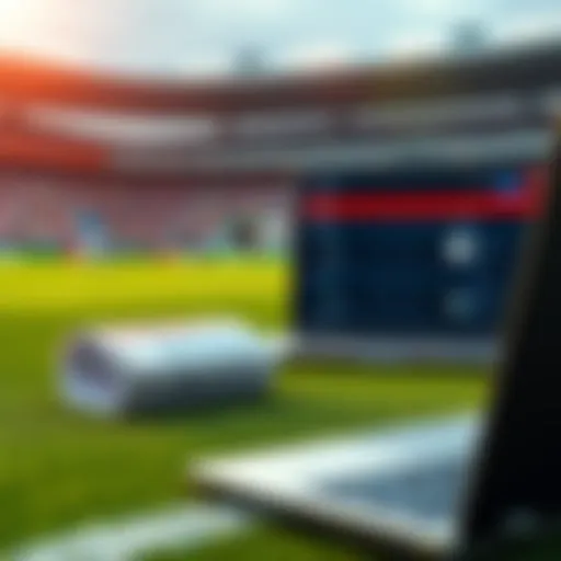 A football field with a betting slip and a laptop on the side, showcasing betting strategies and live discussions.
