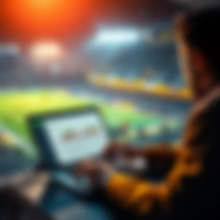 A football betting strategy scene showing a person analyzing statistics on a laptop with a football match in the background.