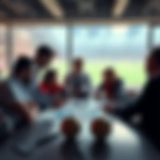 A group of people discussing football betting strategies with charts and statistics on a table