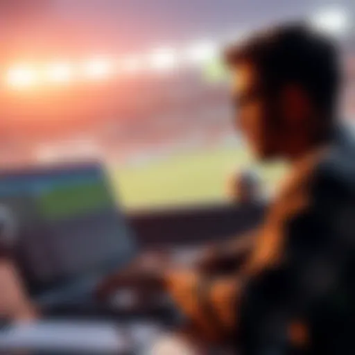 A person analyzing football stats and placing bets on a laptop with a football in the background
