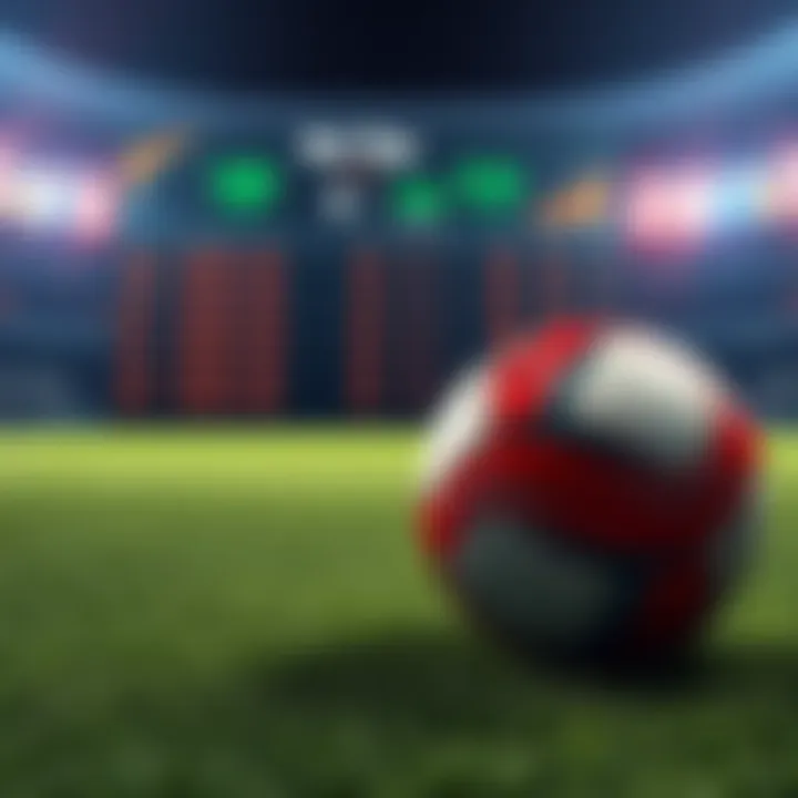 A football field with a soccer ball in front of a digital display showing betting odds