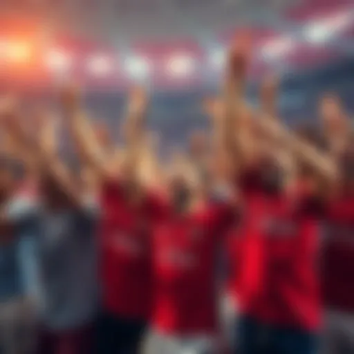 Group of passionate football fans wearing jerseys, cheering and celebrating in a stadium atmosphere