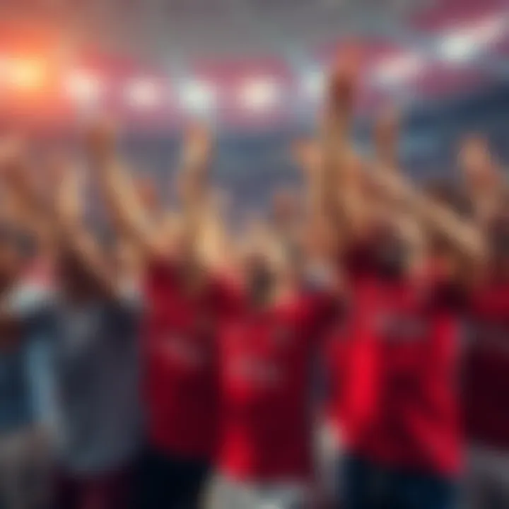 Group of passionate football fans wearing jerseys, cheering and celebrating in a stadium atmosphere