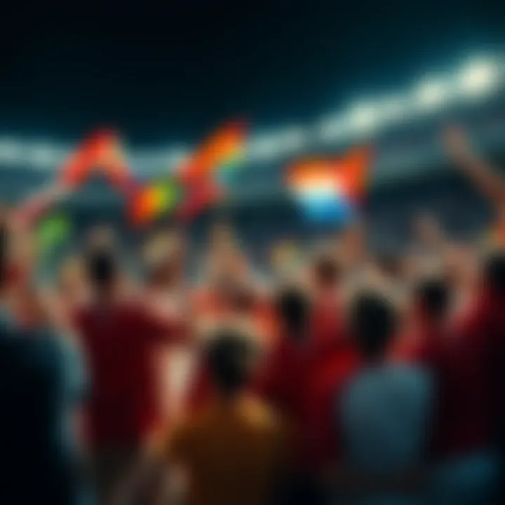 Group of football fans in a stadium, waving flags and cheering for their team during World Cup match.