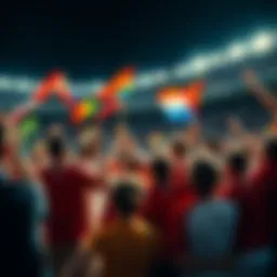 Football fans cheering in stadium Group of football fans in a stadium, waving flags and cheering for their team during World Cup match.