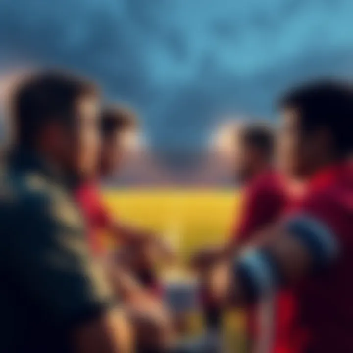 A group of football fans debating the rules around touchdowns, with a football field in the background.