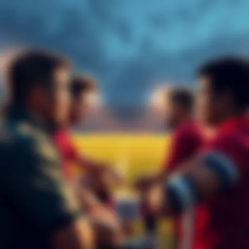 Football players discussing rules A group of football fans debating the rules around touchdowns, with a football field in the background.