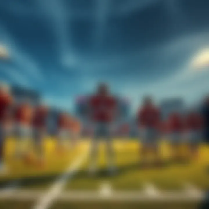 Football field with players A football field showing players from the Texas team preparing for a game.