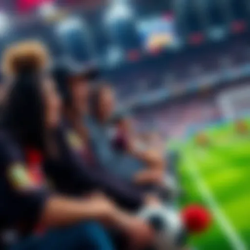 A football game in progress with fans excitedly discussing halftime betting strategies