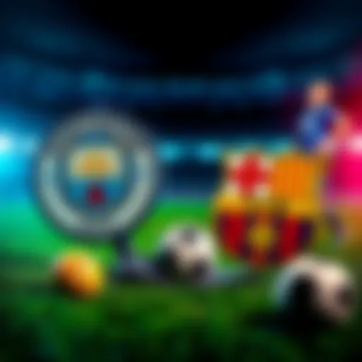 Graphic showing Manchester City and Barcelona logos with football elements representing betting odds