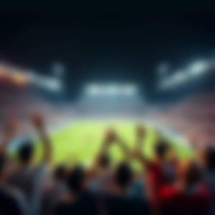 Fans cheering during a thrilling football match under stadium lights