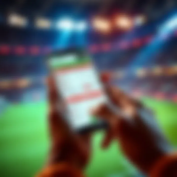 A person placing a bet on a football parlay ticket with a smartphone in hand, showing sports odds on the screen