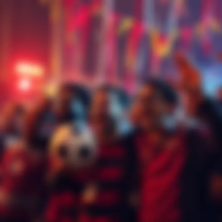 A group of fans celebrating during a football game, with colorful decorations and joyful expressions