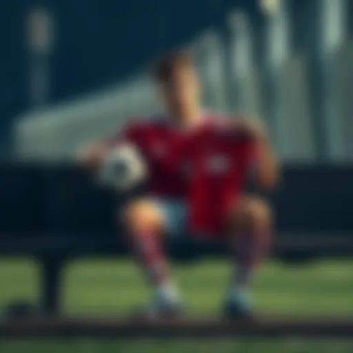 Football player contemplating career choices A young football player sitting on a bench, looking thoughtful as he holds a soccer ball in one hand and a Wendy's uniform in the other, symbolizing the choice between sports success and stable employ...