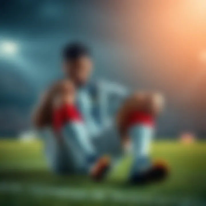 Football player with injured legs A football player sitting on the field, holding both legs in pain, with a concerned look on his face.