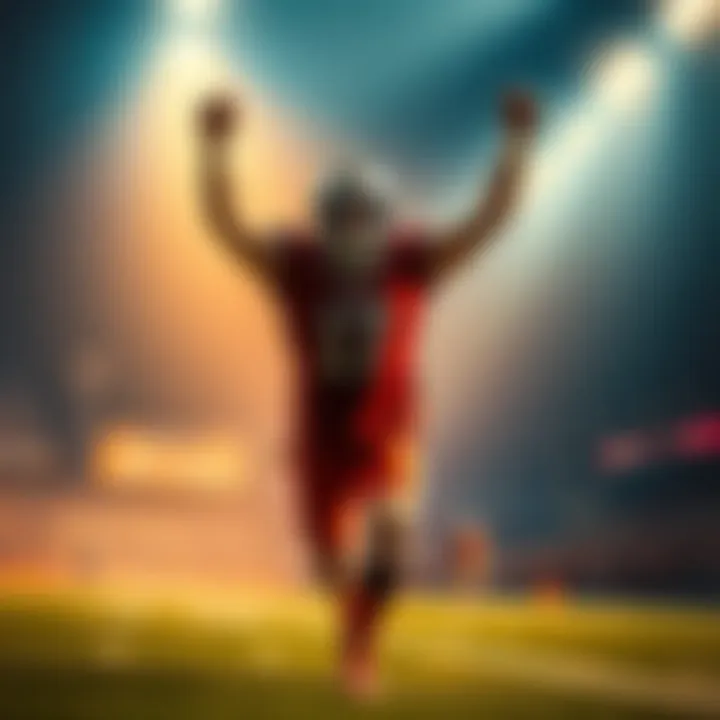 Football player celebrating touchdown A football player runs with the ball, arms raised in celebration after scoring a touchdown