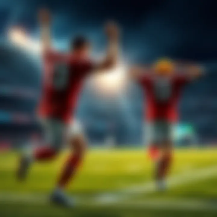 Two football players celebrating after scoring a touchdown in a game.