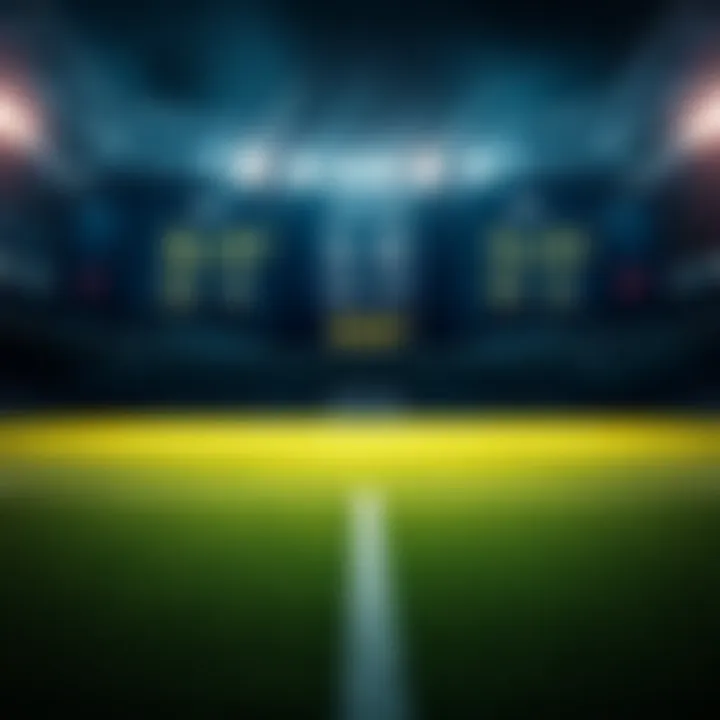 A football field with a scoreboard displaying various score predictions