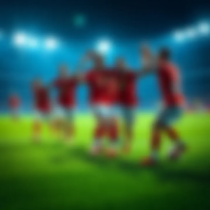 Football team celebrating a goal A football team with players celebrating after scoring a goal in a game