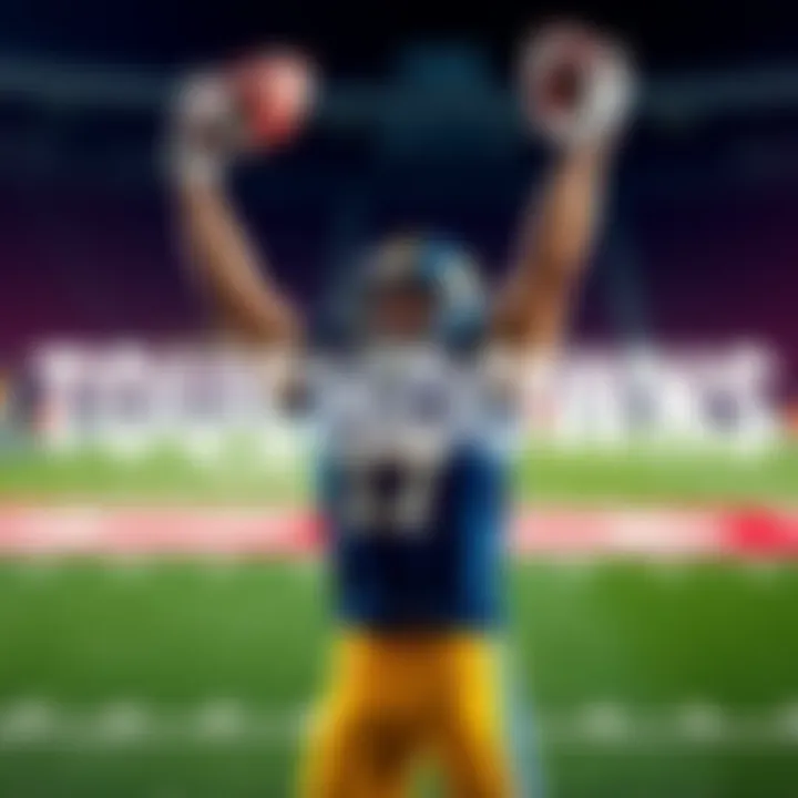 A player in a football uniform celebrates after scoring a touchdown, raising a football in the air with excitement.