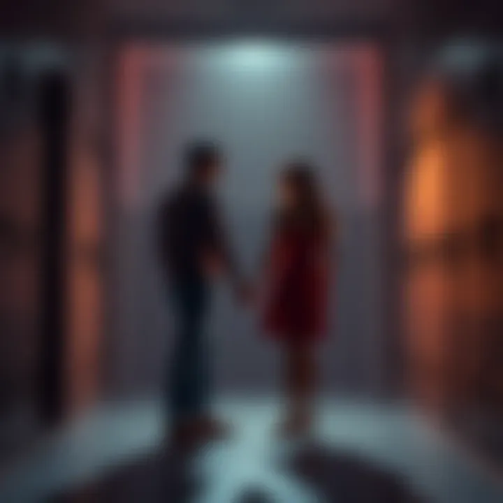 A couple holding hands in a dimly lit room, surrounded by locked doors symbolizing secrecy and desire.