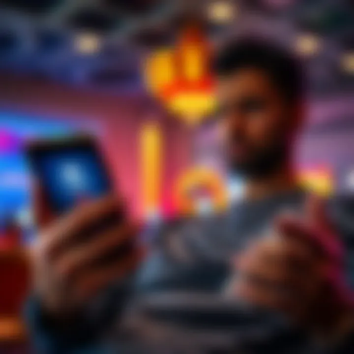 A person looking disappointed while checking their Fortune Casino account on a smartphone, showing no promotions available. The scene highlights a lack of offers for high-level players.