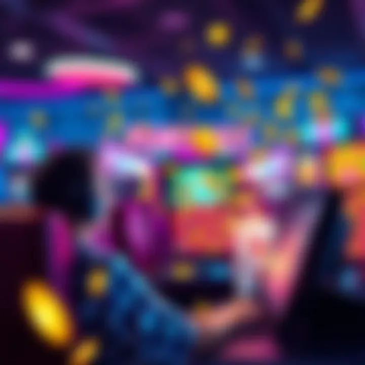 A player enjoying an online casino game, celebrating quick winnings with bright graphics and icons representing coins and jackpots.