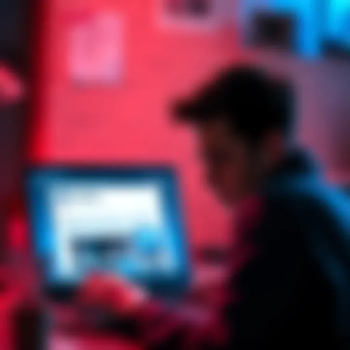 A person looking worried while browsing a forum on a laptop, displaying frustration over a ban notification.