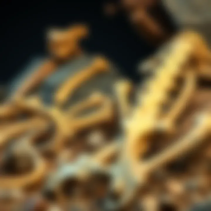 Fossil Bones Display A close-up view of large fossil bones arranged in a natural setting, showcasing their size and texture among earth and rocks.