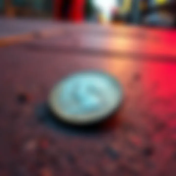 A shiny 25-cent coin lying on a sidewalk