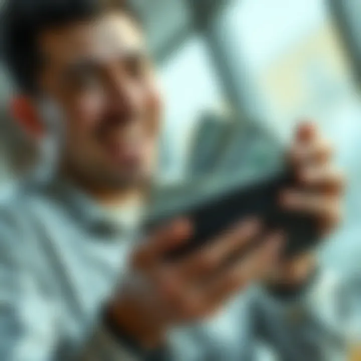 A person holding a wallet filled with cash, smiling in surprise.