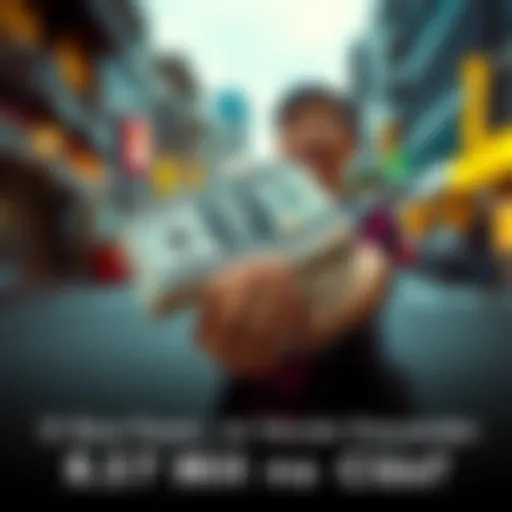 A person holding a bundle of cash they found on the ground, looking surprised.