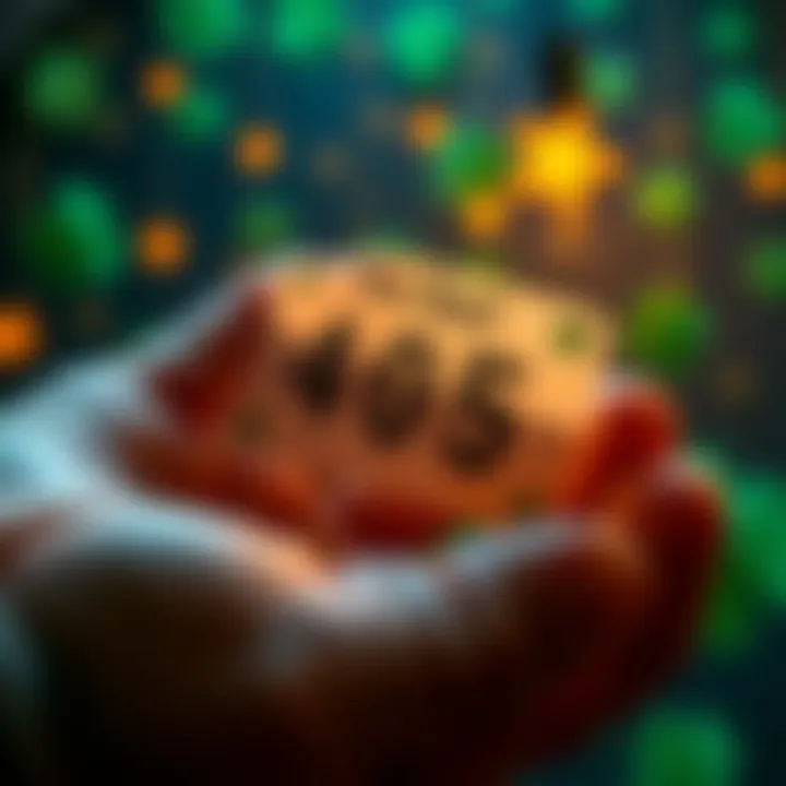 A close-up of a hand holding a slip of paper with four digits, symbolizing a lucky number, surrounded by small fortune symbols like stars and clovers.