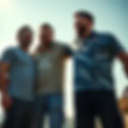 Four men standing together, supporting each other in a difficult situation, showing strength and friendship.