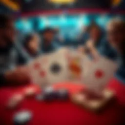 A poker table with four playing cards showing jacks, friends laughing and enjoying the game in the background.