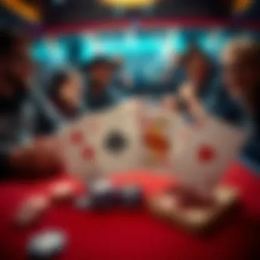 A poker table with four playing cards showing jacks, friends laughing and enjoying the game in the background.