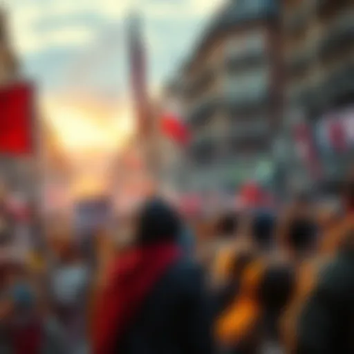 Crowd of men and women protesting in the streets of France demanding equality and rights