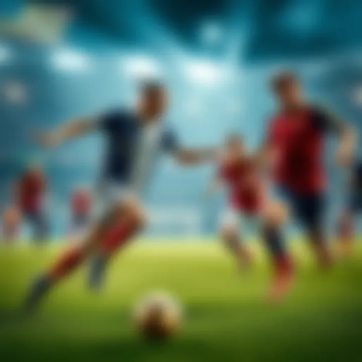 A football match scene with players from France and Spain competing for the ball, showcasing their intensity and skill on the field.