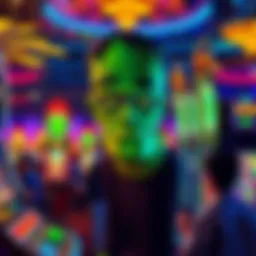 A colorful Frankenstein-themed slot machine with players enjoying the game in a bustling casino atmosphere.