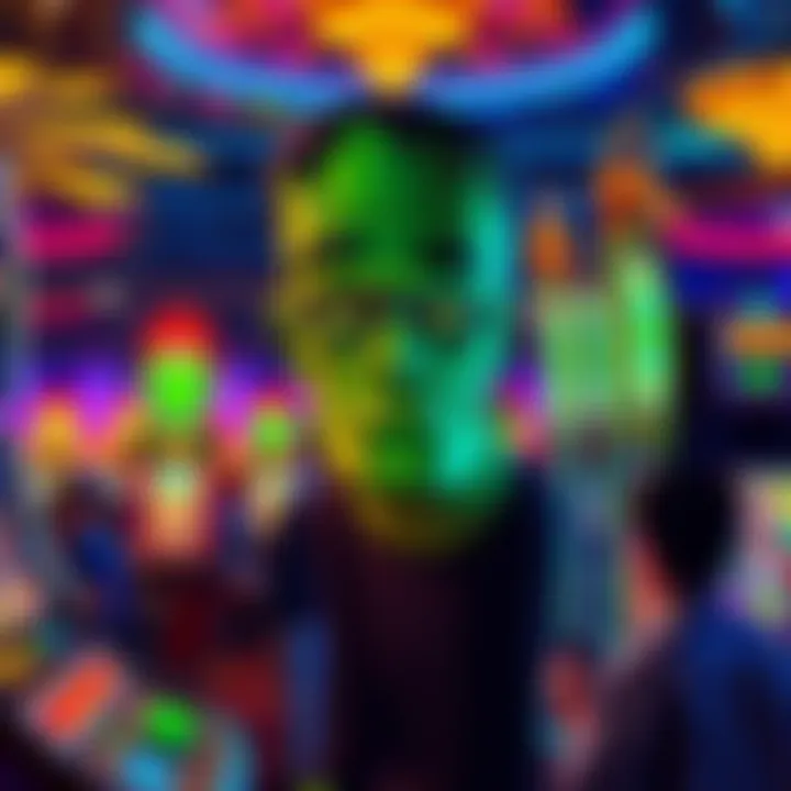 A colorful Frankenstein-themed slot machine with players enjoying the game in a bustling casino atmosphere.