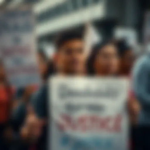 A group of people protesting, holding signs demanding justice against dishonest practices, with an intense expression of concern and determination on their faces.