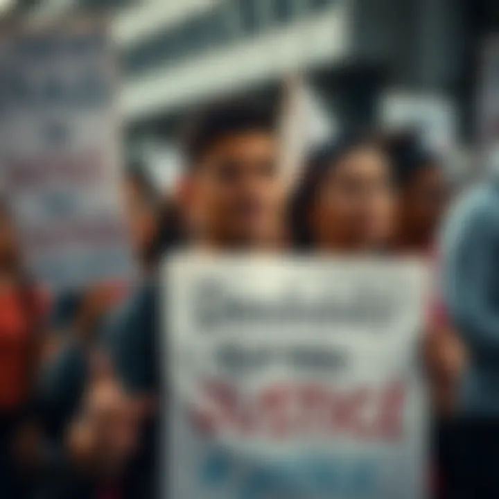 A group of people protesting, holding signs demanding justice against dishonest practices, with an intense expression of concern and determination on their faces.