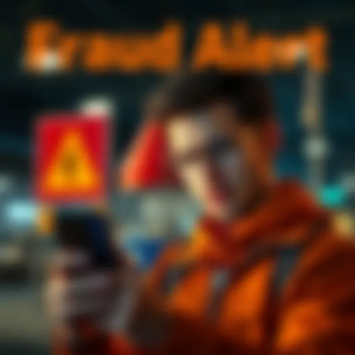 A person looking worried while checking their bank account on a phone, with a warning sign in the background.