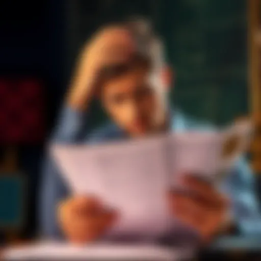 A concerned individual looks at documents related to a potential fraud case, holding their head in frustration, representing the struggle to recover lost money.