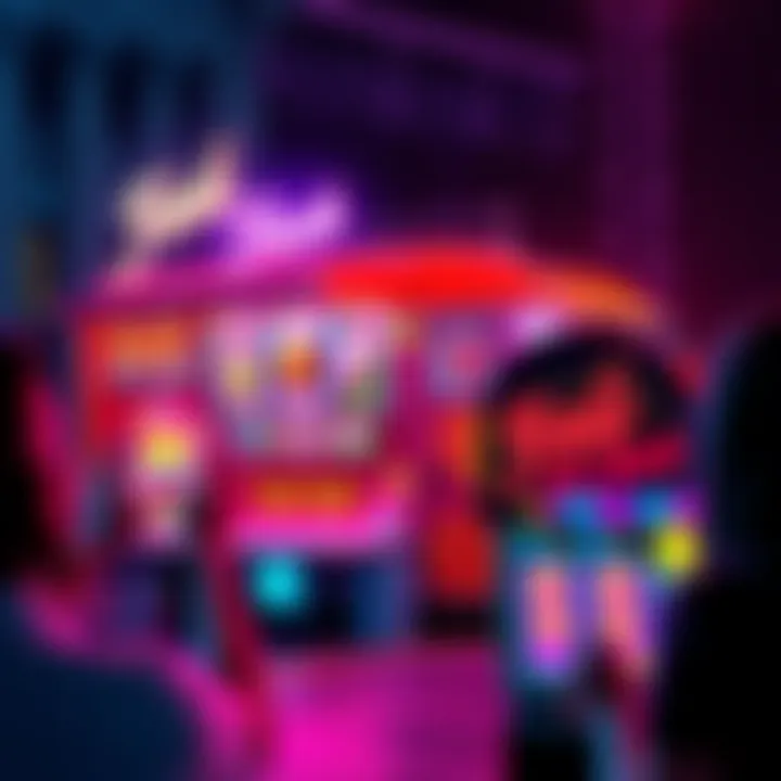 A vibrant food truck with colorful slot machine graphics attracting excited fans.