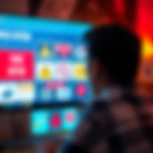Free Offers Concept A person looking at various free offers displayed on a computer screen, with warning signs in the background to indicate potential risks.