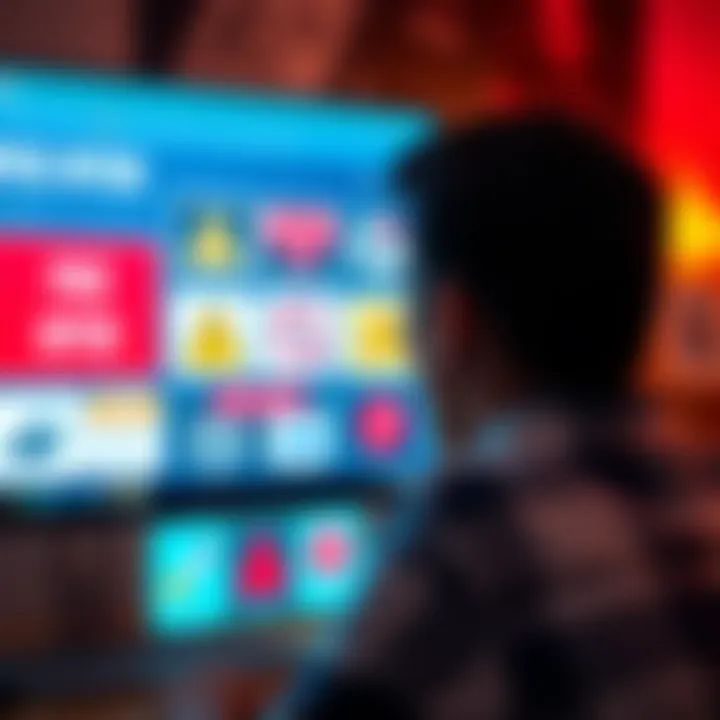 Free Offers Concept A person looking at various free offers displayed on a computer screen, with warning signs in the background to indicate potential risks.