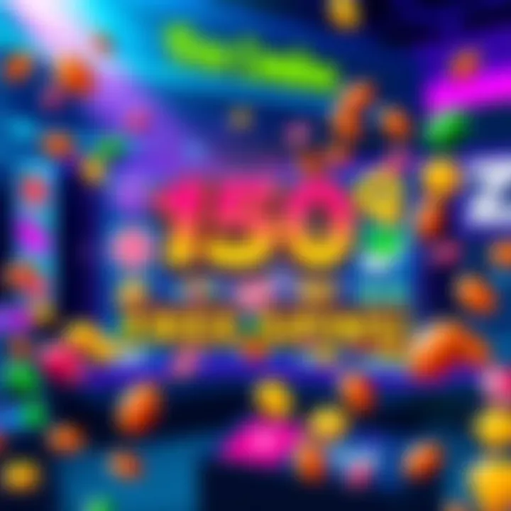 A colorful promotion banner featuring candy-themed graphics and the text '150 Free Spins' on a slot game screen.