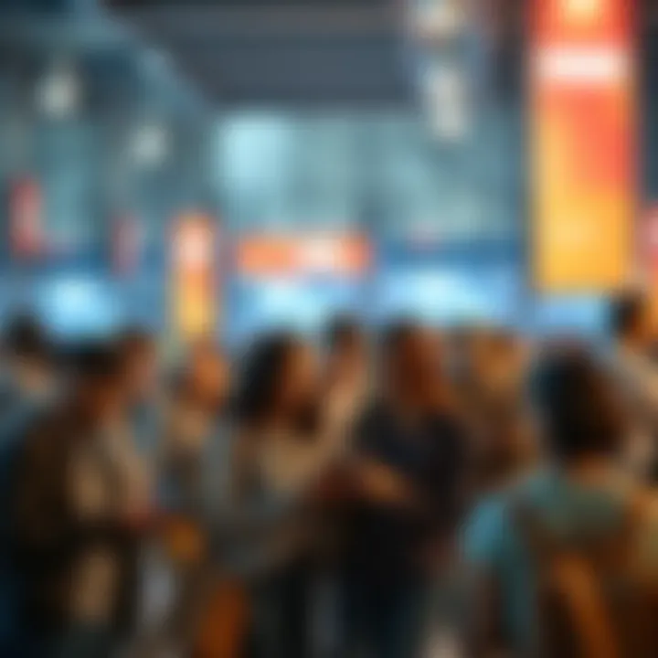 A diverse group of people using technology together, discussing the benefits of free access to information and services in a public space.